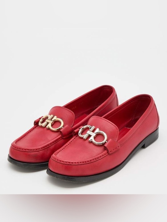 Salvatore Ferragamo Shoes - Salvatore Ferragamo Red Leather Vara Bit Loafers with Gold Hardware